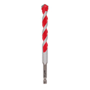 Milwaukee Shockwave carbide hammer drill bit with red and gray twisted flutes and pointed tip.