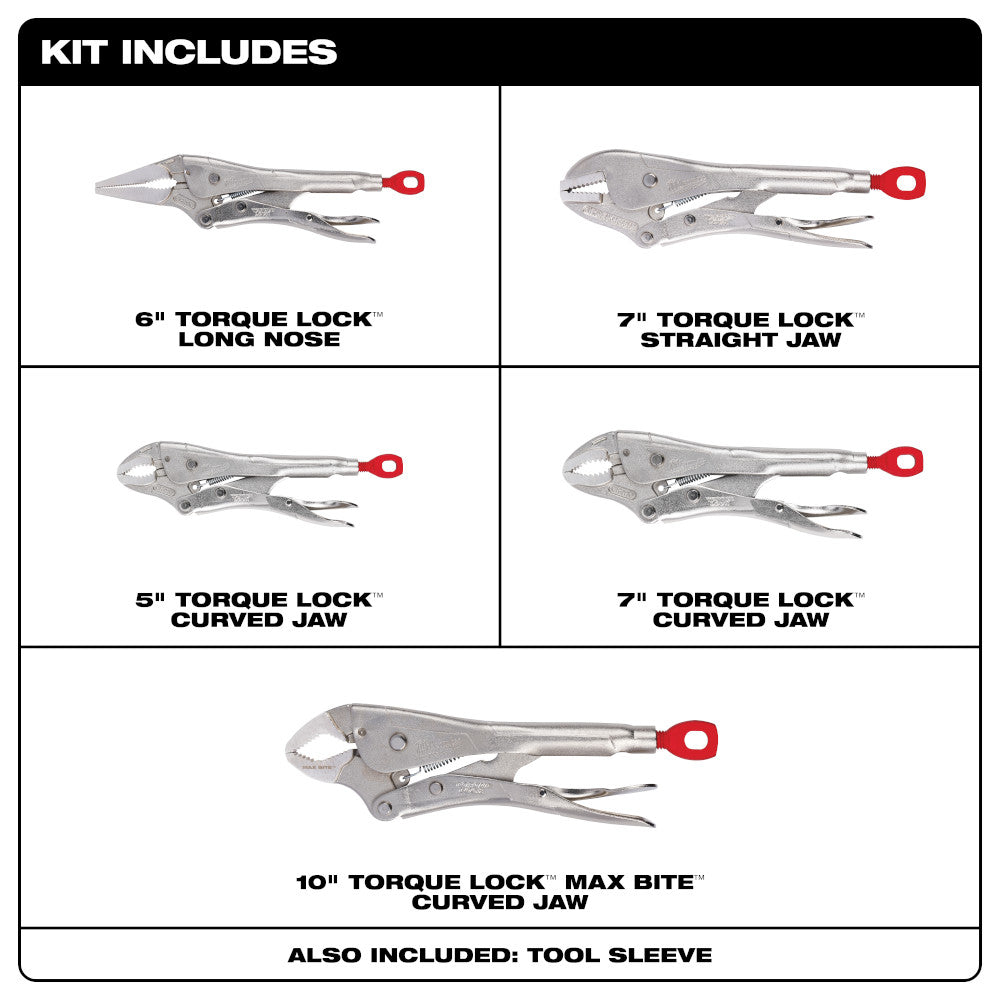 Five locking pliers with red handles in varying sizes and jaw styles: 6" long nose, 7" straight jaw, 5" curved jaw, 7" curved