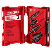 Four black step drill bits in red Milwaukee case with JAM-FREE Performance labeling.
