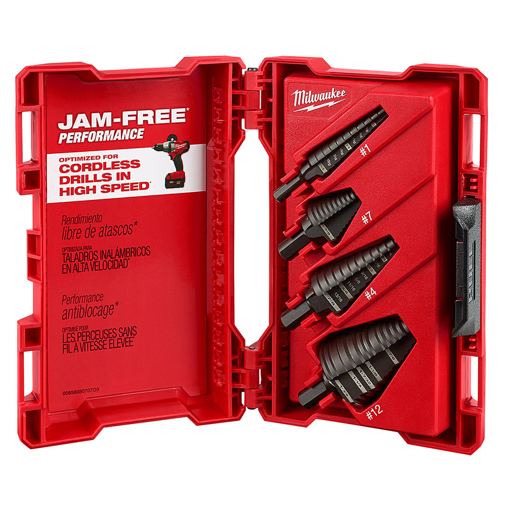 Four black step drill bits in red Milwaukee case with JAM-FREE Performance labeling.