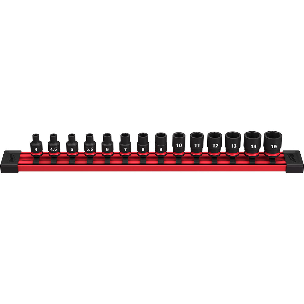 Fourteen metric socket sizes from 4mm to 15mm arranged in a red organizer rail with black impact-duty sockets.