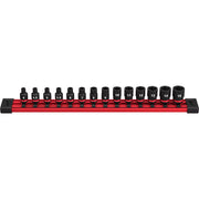 Fourteen metric socket sizes from 4mm to 15mm arranged in a red organizer rail with black impact-duty sockets.