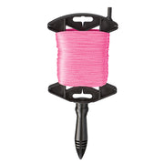 Pink braided chalk line wound on black reel with handle and pointed stake attachment.