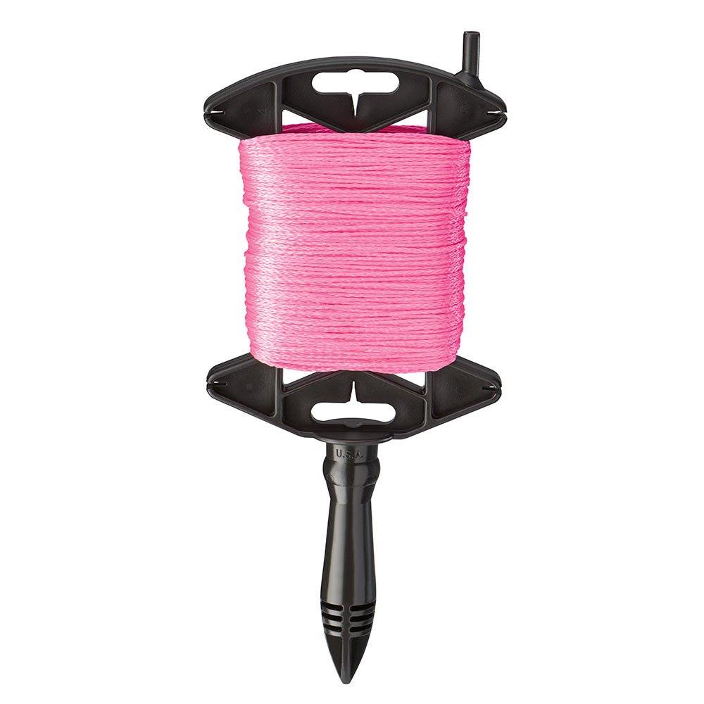 Pink braided chalk line wound on black reel with handle and pointed stake attachment.