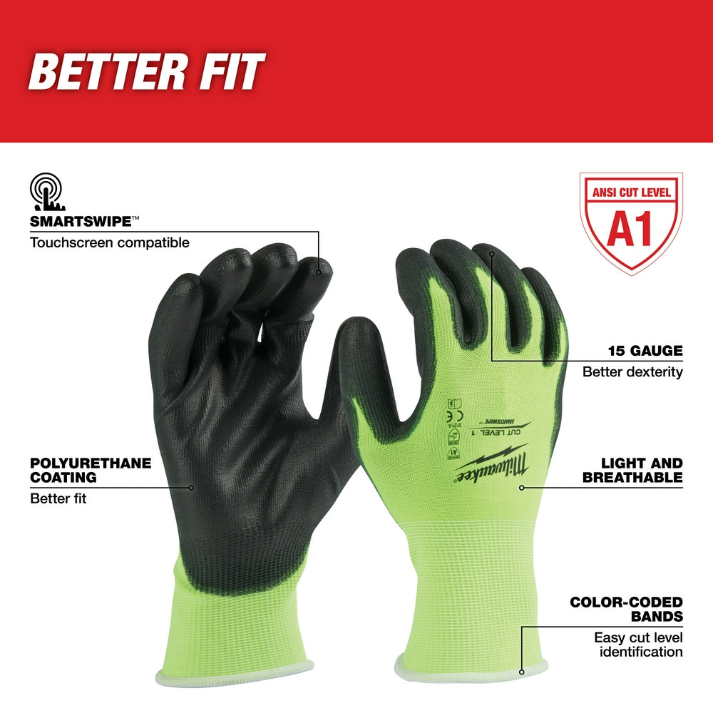 High-visibility yellow-green cut-resistant gloves with black polyurethane-dipped palms, ANSI A1 rated, touchscreen compatible