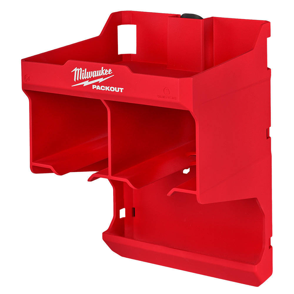 Red Milwaukee PACKOUT tool station with multiple compartments and top handle for carrying.