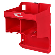 Red Milwaukee PACKOUT tool station with multiple compartments and top handle for carrying.