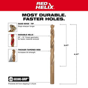 Milwaukee RED HELIX 5/16 inch cobalt drill bit with variable helix fluting, quad edge tip, and secure-grip shank.