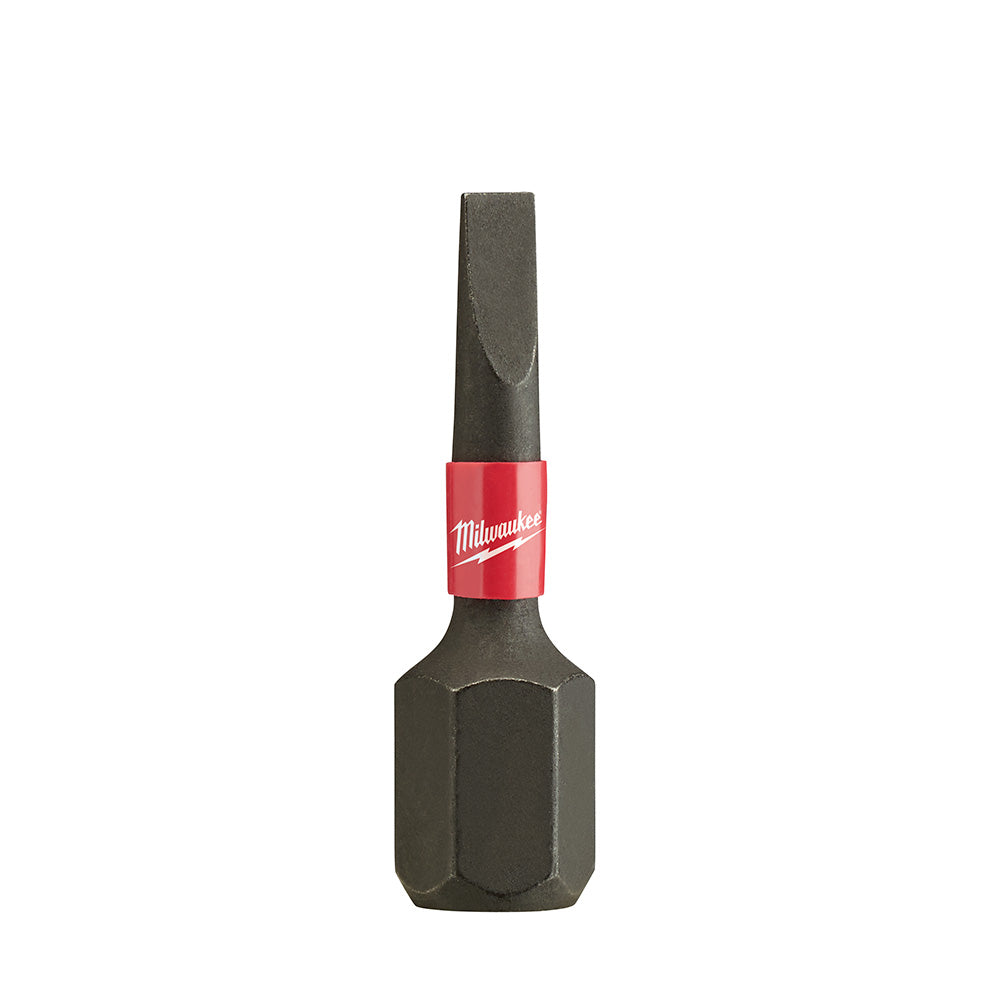 Black slotted insert bit with red Milwaukee band around hexagonal shaft.