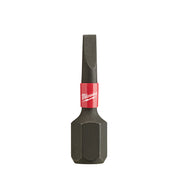 Black slotted driver bit with red band and Milwaukee branding on hexagonal socket end.