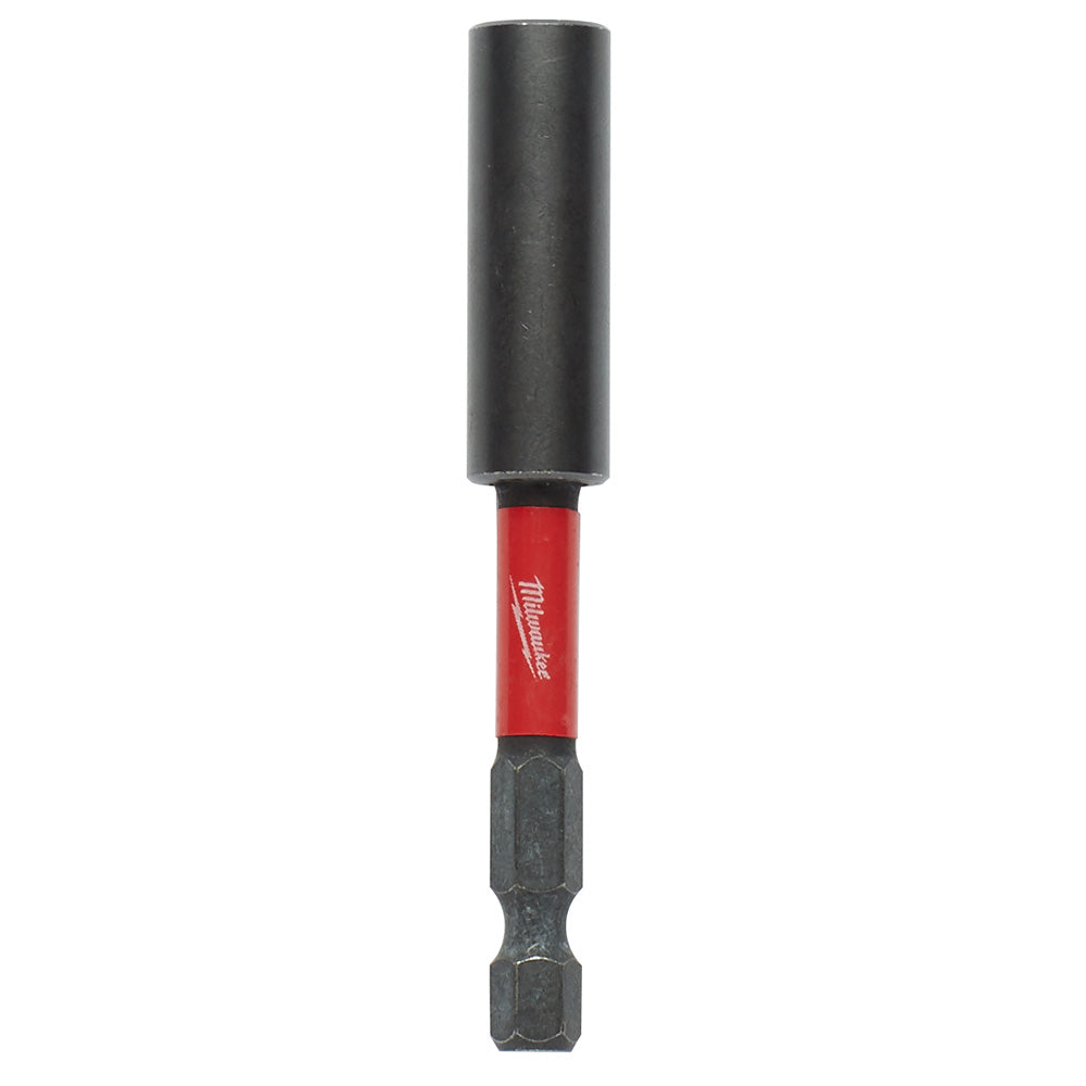 Black cylindrical magnetic bit holder with red Milwaukee-branded band and hex-shaped bit end.