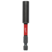 Black cylindrical magnetic bit tip holder with red Milwaukee band and gray bit attachment end.