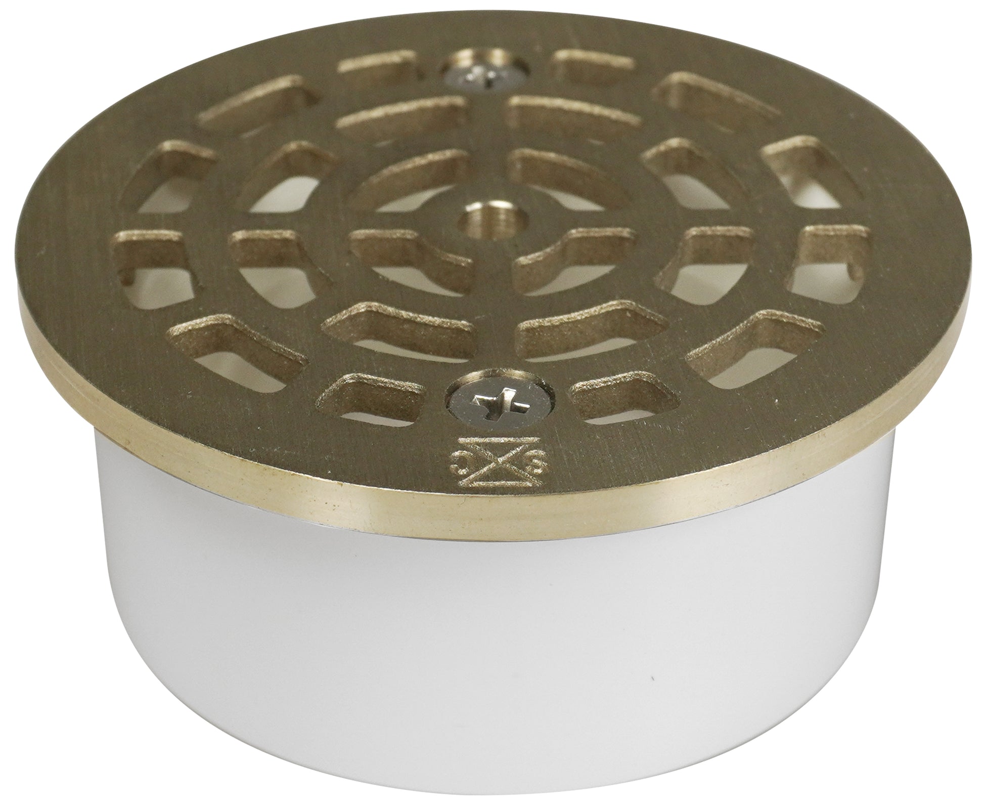Nickel bronze floor drain with perforated strainer grate and white PVC pipe body, 3 inch diameter.
