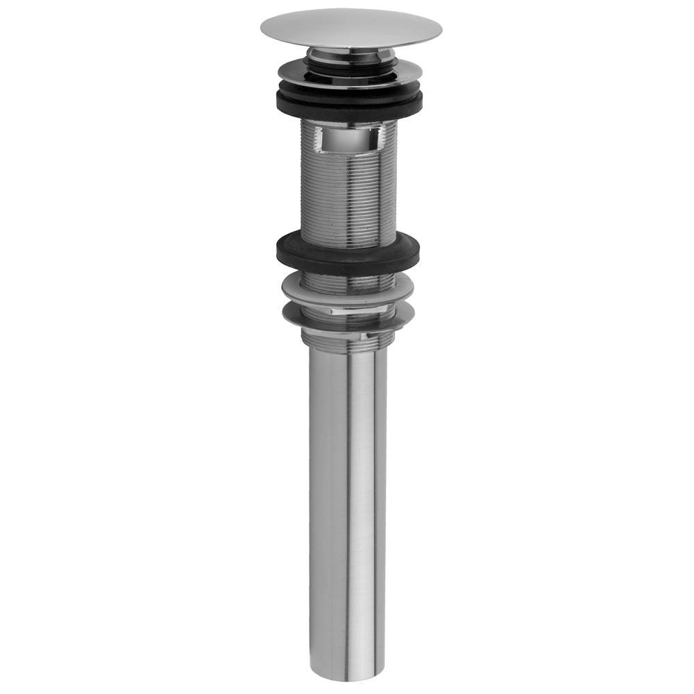 Round lavatory drain assembly with caramel bronze finish, flat disc cap, and black rubber seals for sink installation.