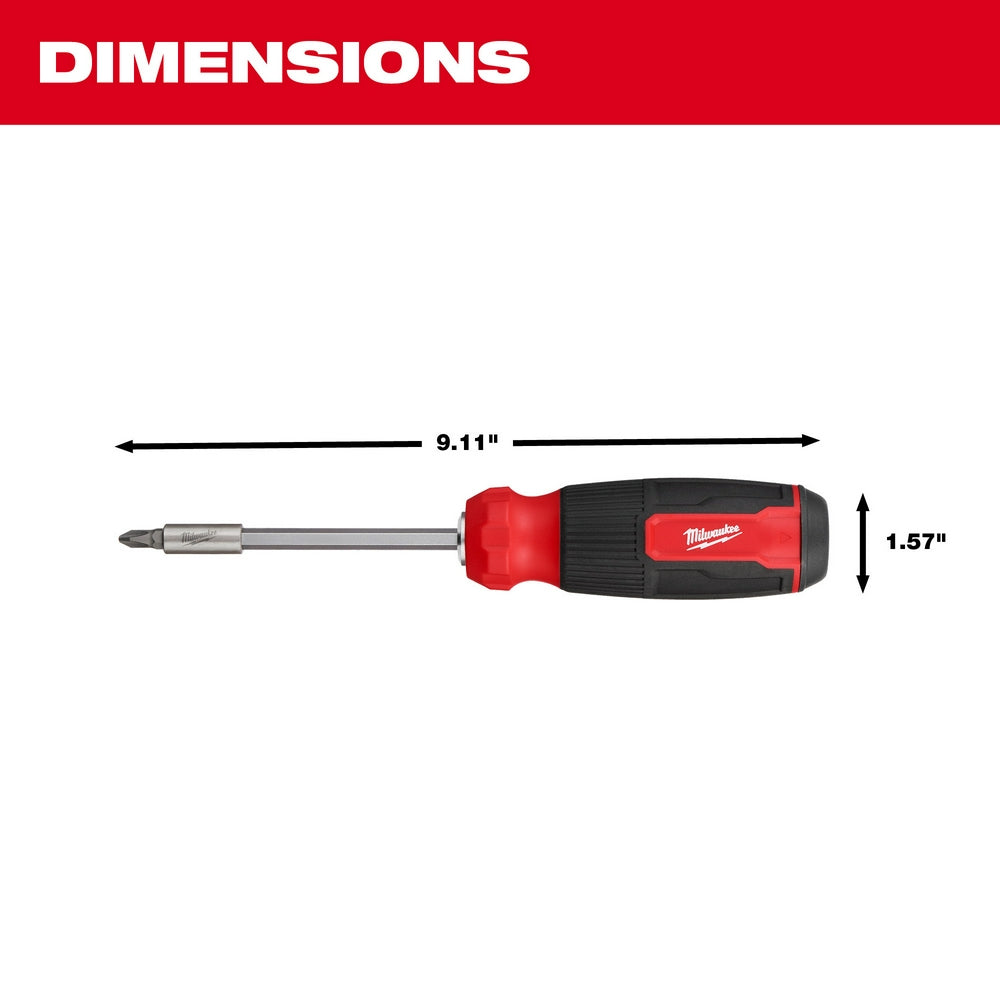 Red and black multi-bit screwdriver with extended shaft, 9.11 inches long and 1.57 inches tall.
