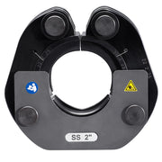 Black and gray stainless steel press ring with 2-inch opening, four cylindrical press points, blue Milwaukee logo, and yellow