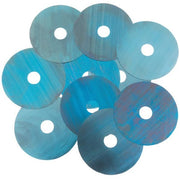 Blue circular metal shim discs with center holes arranged in a grouped display.