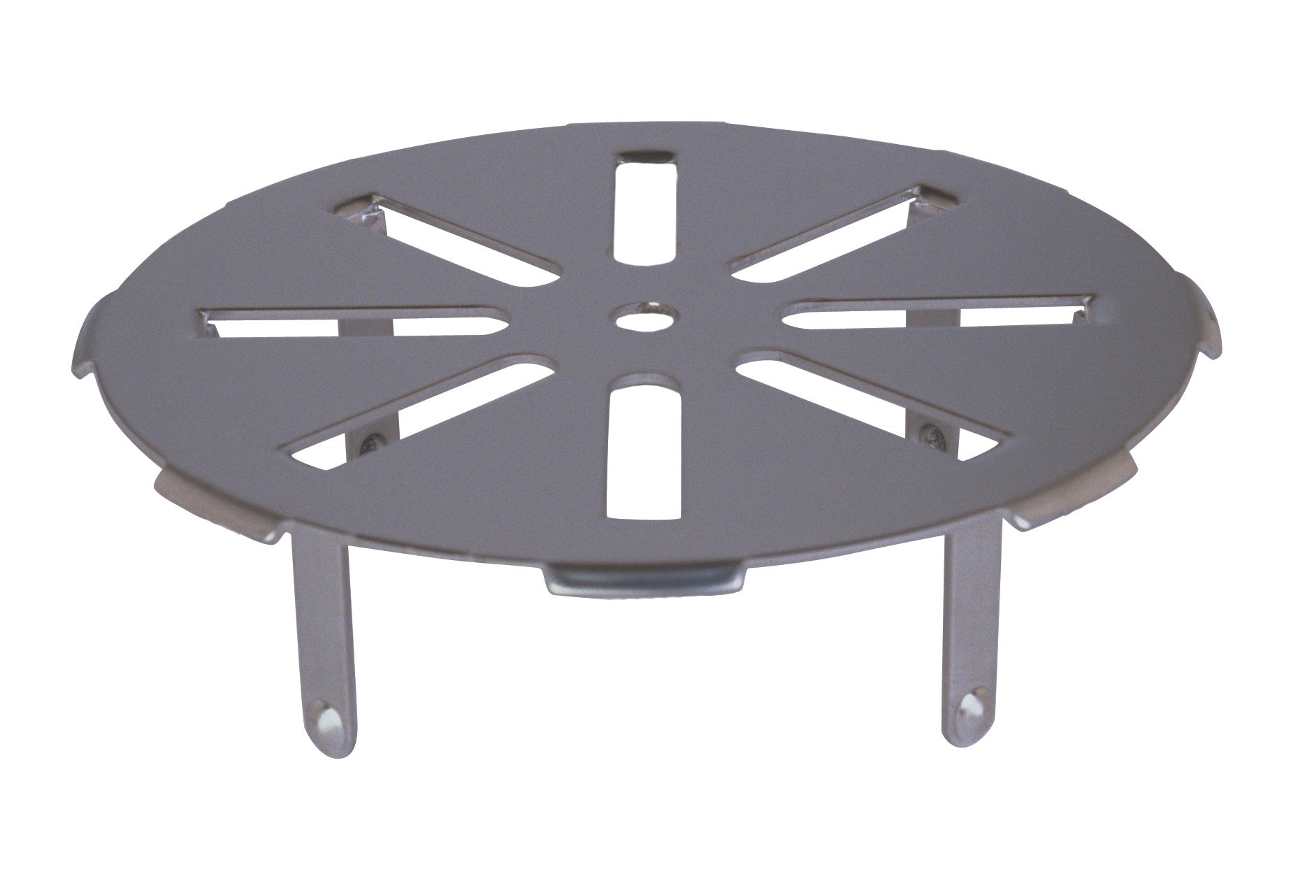 Stainless steel pipe strainer with circular perforated basket and two support legs.