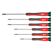 Six Milwaukee precision screwdrivers with red and black handles and Torx tips arranged in descending size order.