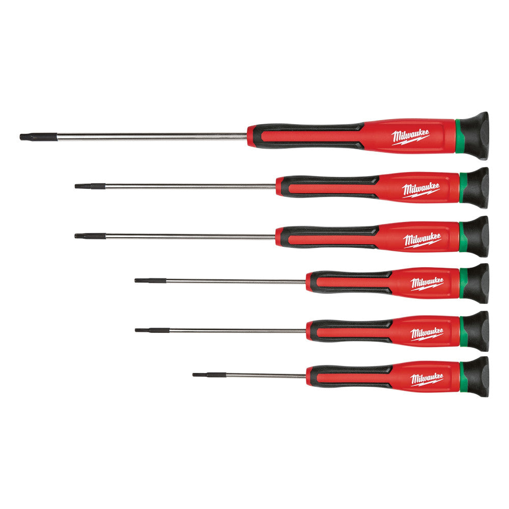 Six Milwaukee precision screwdrivers with red and black handles and Torx tips arranged in descending size order.