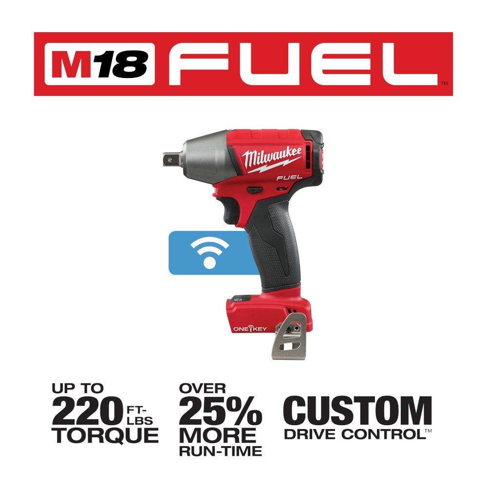 Milwaukee M18 FUEL compact impact wrench with red and black body, gray head, and ONE-KEY red battery base.