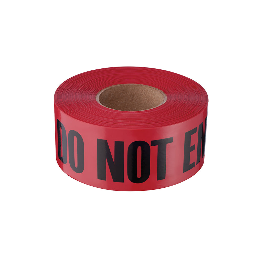 Red barricade tape roll with black "DO NOT ENTER" text printed on surface.