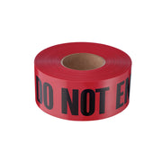 Red barricade tape roll with black "DO NOT ENTER" text printed on surface.