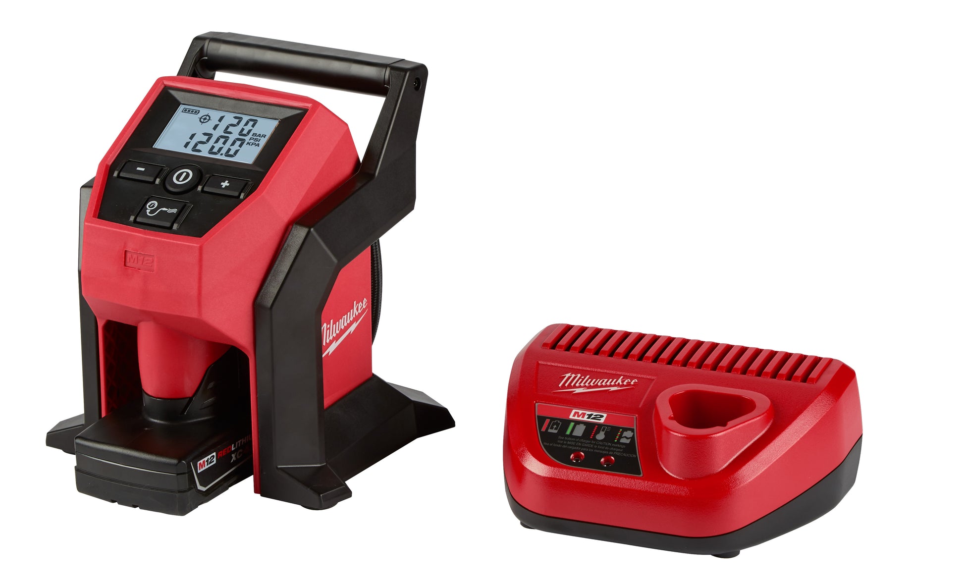 Red and black Milwaukee M12 compact inflator with digital display and carrying handle, shown with charger.