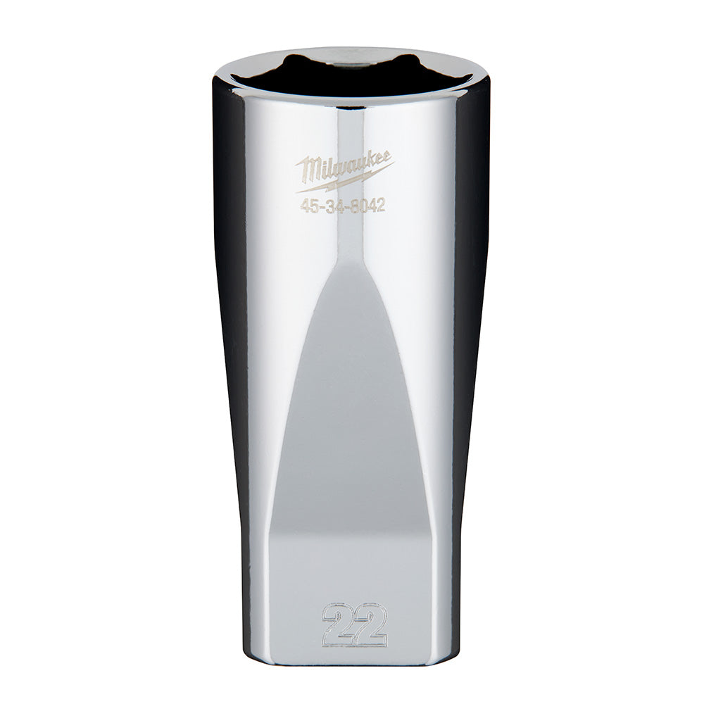 Chrome deep socket with hexagonal opening, Milwaukee logo and model number engraved on side, 22mm marking on bottom.