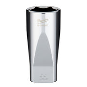 Chrome deep socket with hexagonal opening, Milwaukee logo and model number engraved on side, 22mm marking on bottom.