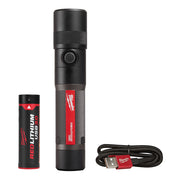 Black cylindrical flashlight with textured grip sections, red Milwaukee branding, twist focus head, rechargeable battery, and