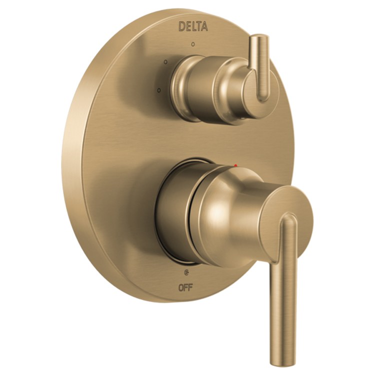 Brushed champagne bronze shower valve trim with two handles and integrated diverter control.