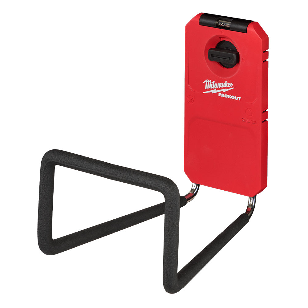 Red PACKOUT connector with black wide hook attachment for tool storage and organization.