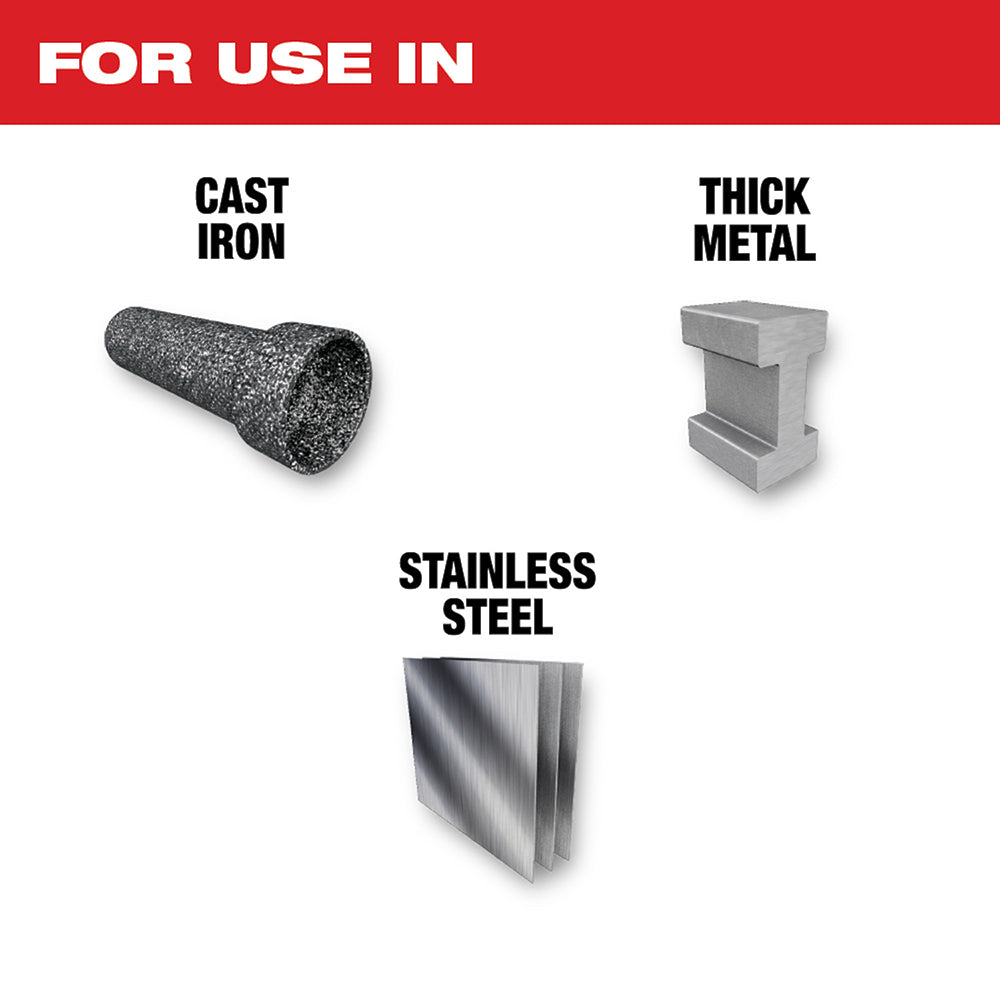 Milwaukee 12-inch carbide reciprocating saw blade with application guide showing cast iron, thick metal, and stainless steel 