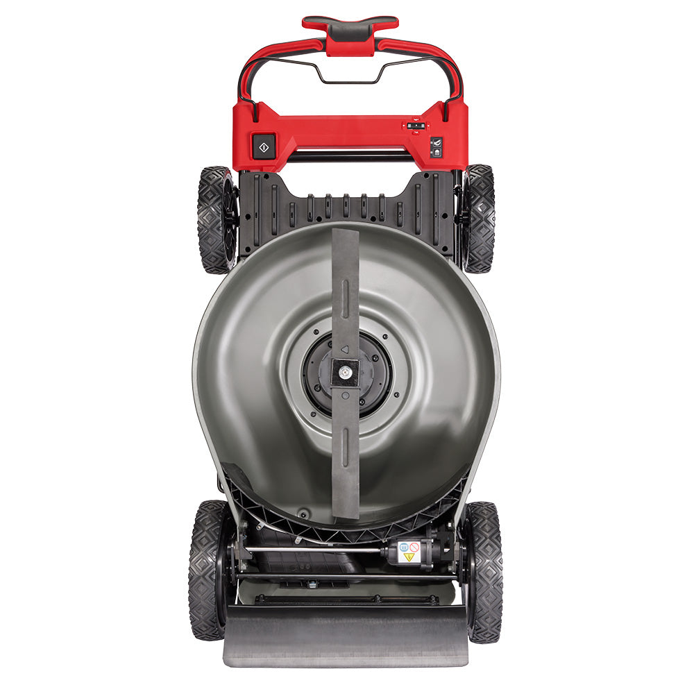 Red and black Milwaukee push mower with 21-inch metal blade deck, viewed from above.