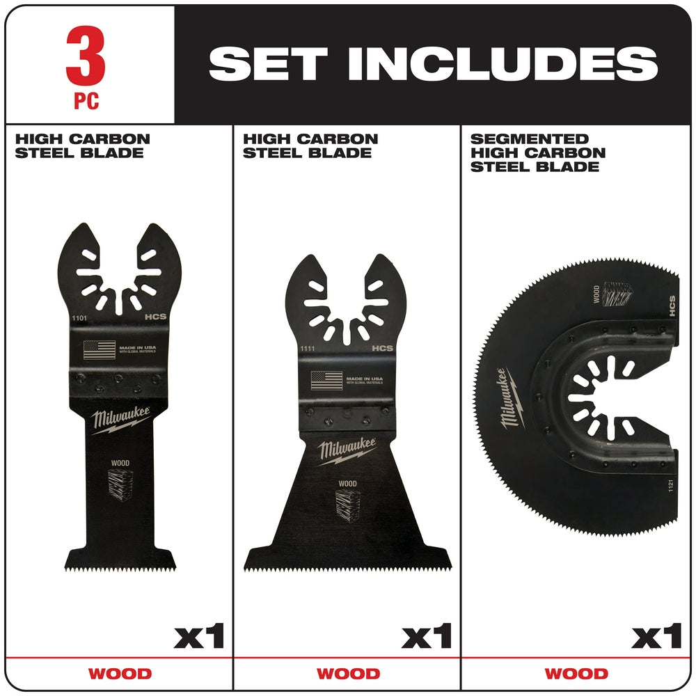 Three Milwaukee OPEN-LOK multi-tool blades: two high carbon steel rectangular blades and one segmented high carbon steel circ