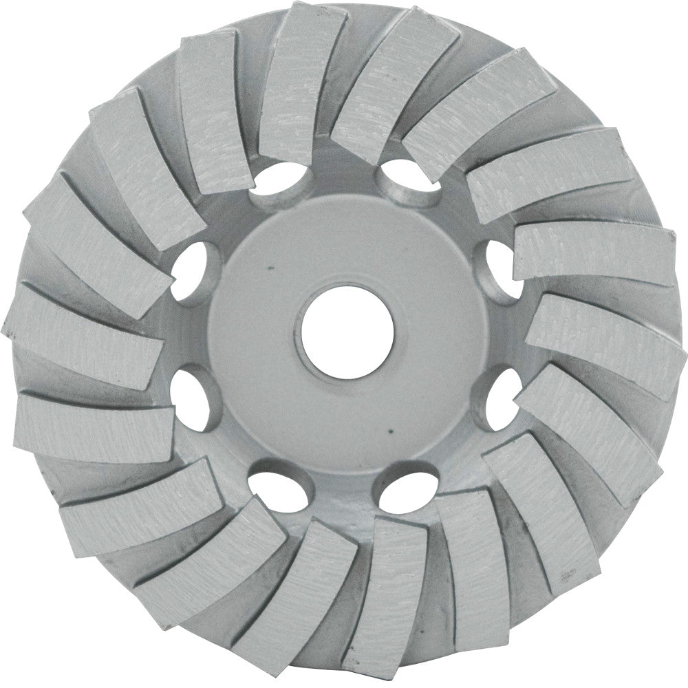 7-inch gray diamond cup wheel with segmented turbo design and center mounting hole.