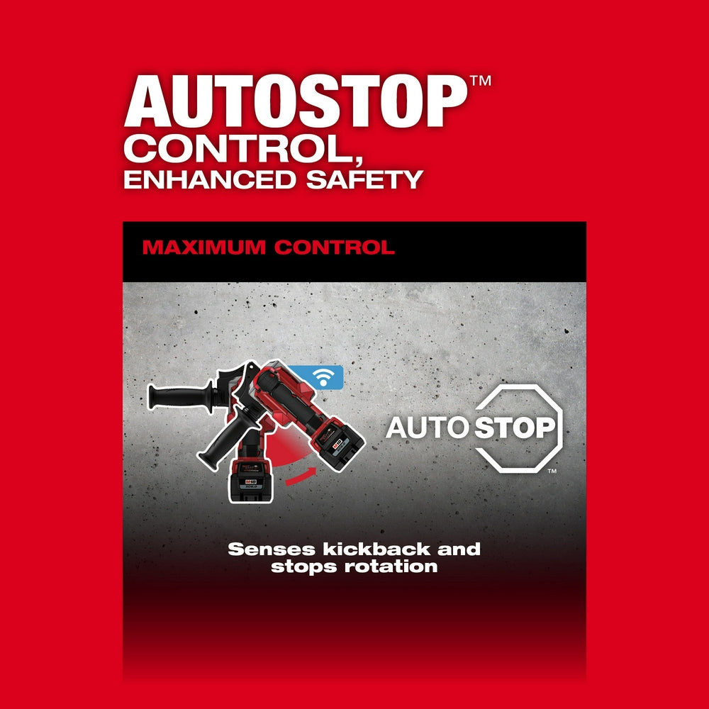 Red and black promotional graphic showing Milwaukee rotary hammer with AUTOSTOP feature and ONE-KEY connectivity technology d