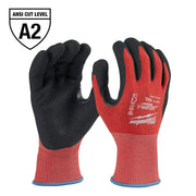 Red knit work gloves with black nitrile-dipped palms and fingers, ANSI Cut Level A2 rating.