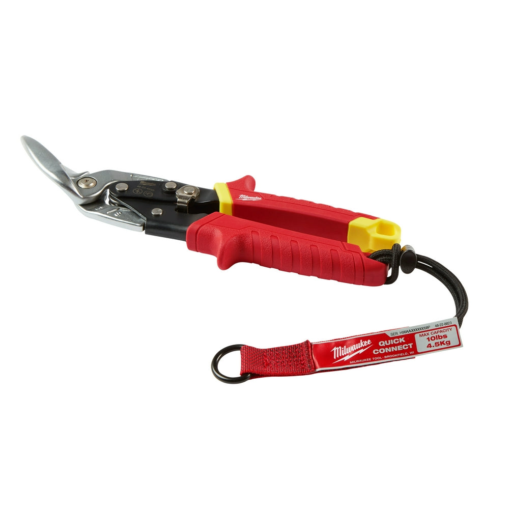 Milwaukee quick-connect accessory with red and yellow handle, black metal cutting head, and red attached lanyard with label.