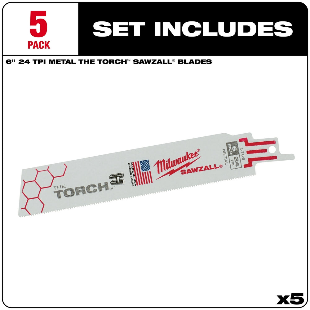 Pack of five 6-inch Milwaukee SAWZALL reciprocating saw blades with 24 TPI teeth for metal cutting.