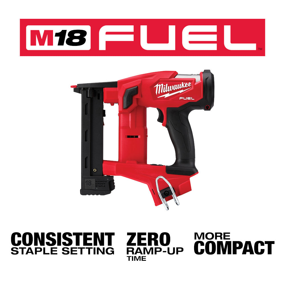 Milwaukee M18 FUEL cordless stapler with red and black body, trigger grip, and narrow crown staple magazine.