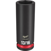Black deep impact socket with hexagonal opening, red grip band at base, Milwaukee branding and model number visible.
