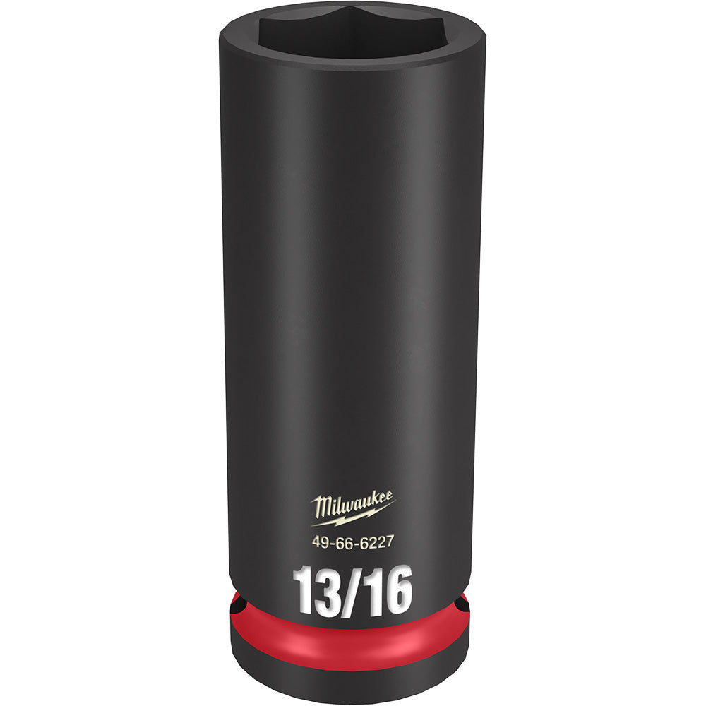Black deep impact socket with hexagonal opening, red grip band at base, Milwaukee branding and model number visible.