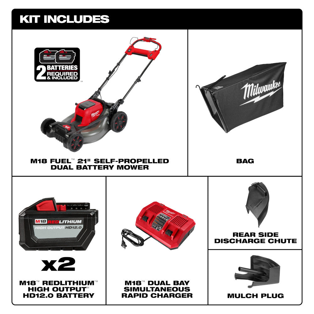 Red and black M18 FUEL 21" self-propelled mower with dual batteries, charger, bag, discharge chute, and mulch plug included.
