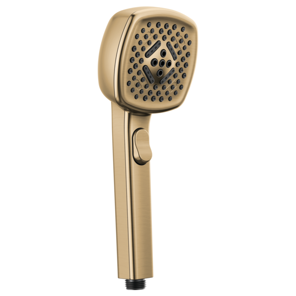 Champagne bronze handheld showerhead with rounded square face, perforated spray pattern, and grip trigger on handle.