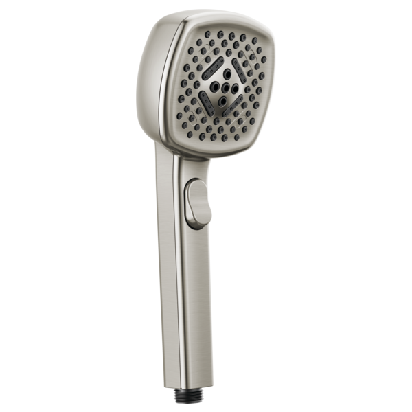 Brushed nickel handheld showerhead with square perforated face and function selector button on handle.