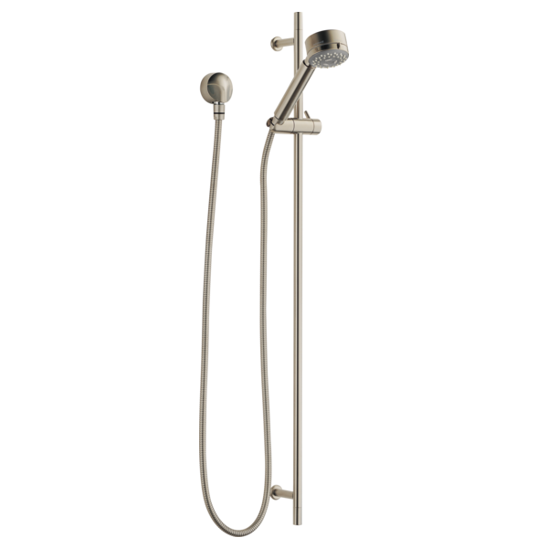 Brushed nickel hand shower on adjustable slide bar with flex hose and wall-mounted connector.