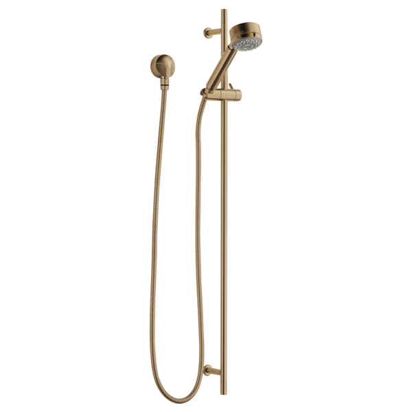Brushed brass slide bar hand shower with flexible hose, wall-mounted with adjustable height bracket.