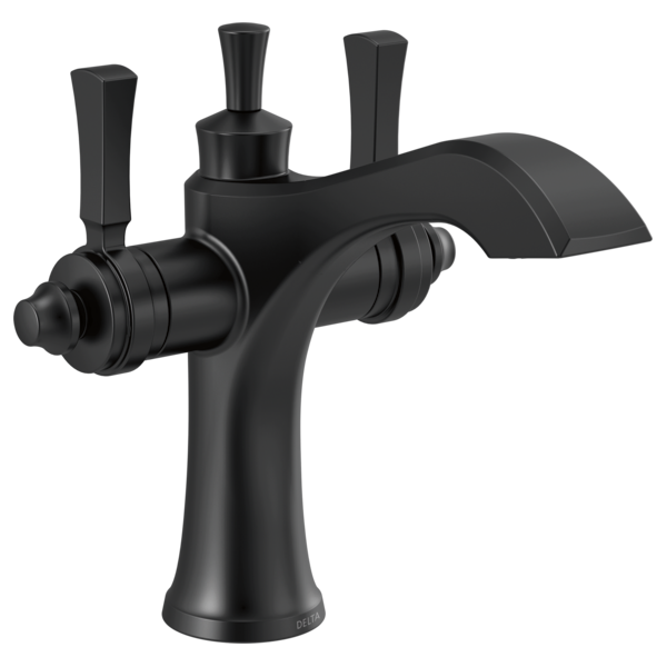 Black bathroom faucet with curved spout, two lever handles, and single-hole installation base.